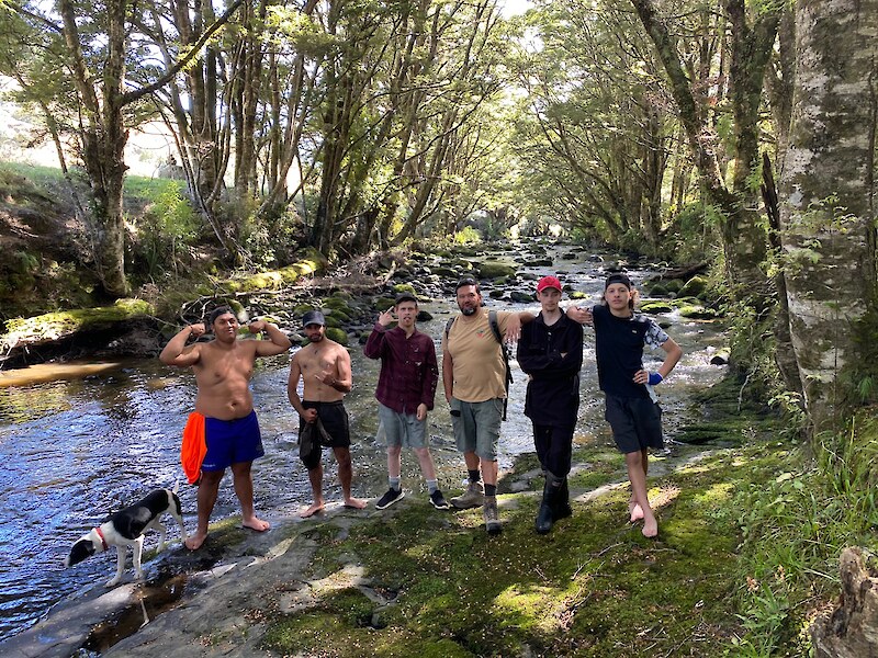 Welcome to Pekapeka camp in Tawanui (left to right) Moi Parata (Kurī), Kaloni Taylor, Raniera Smyth, Josiah Kawana, Riki Parata, Josh Aitken and Sentre Harden