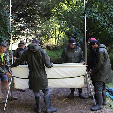 Ian explaining how to set up the Harp traps. The tauira helping to put these together and place them.