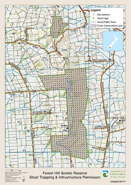 Forest Hill scenic reserve stoat trapping and infrastructure permission map.