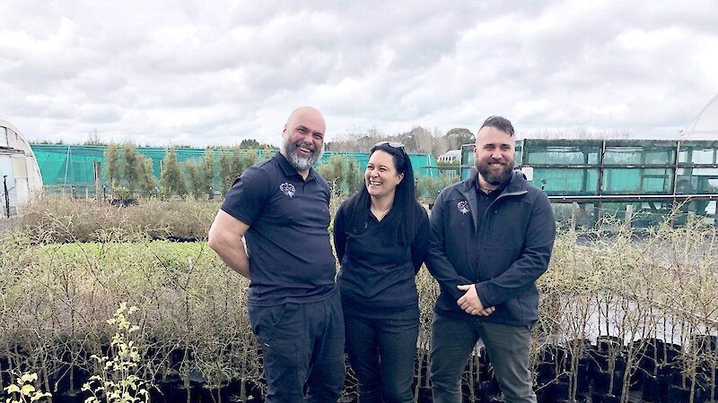 Te Tapu o Tāne Pou Whakahaere Phil Moeke, left, Kaiwhakahaere Mahi Ashleigh Taomia, and Pou Tūraka Jana Davis hope to be growing five million native plants in the next five to 10 years.